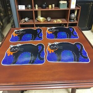 VTG Excell Halloween Placemats Set of 4 Black Cat Orange Bow Spiderweb Foam Back